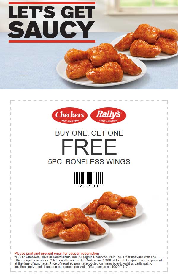 Checkers Coupon April 2024 Second 5pc boneless wings free at Rallys & Checkers restaurants