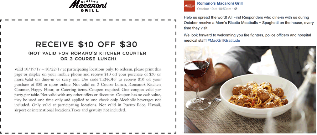 Macaroni Grill Coupon April 2024 $10 off $30 + free meal for first responders at Macaroni Grill restaurants
