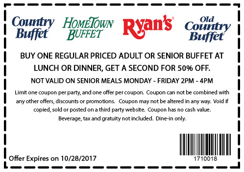 Old Country Buffet Coupon April 2024 Second lunch or dinner 50% off at Ryans, HomeTown Buffet & Old Country Buffet