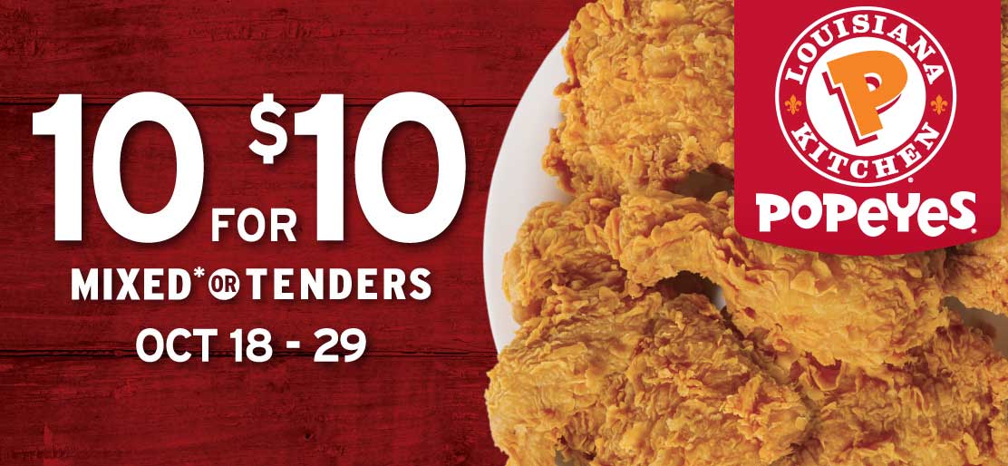 Popeyes Coupon March 2024 10pcs for $10 going on at Popeyes restaurants