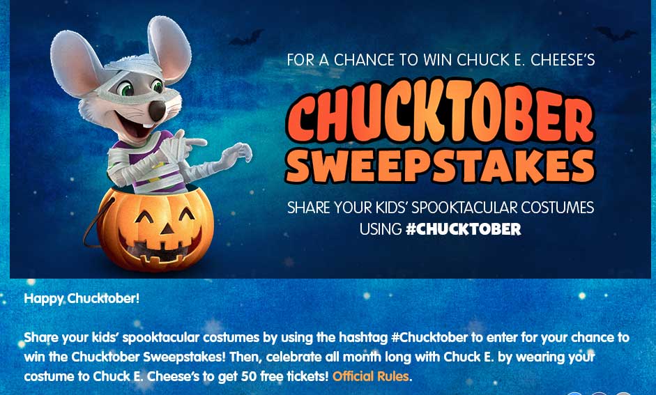 Chuck E. Cheese Coupon March 2024 50 free tickets in costume at Chuck E. Cheese restaurants