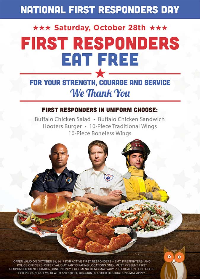 Hooters Coupon May 2024 First responders eat free the 28th at Hooters