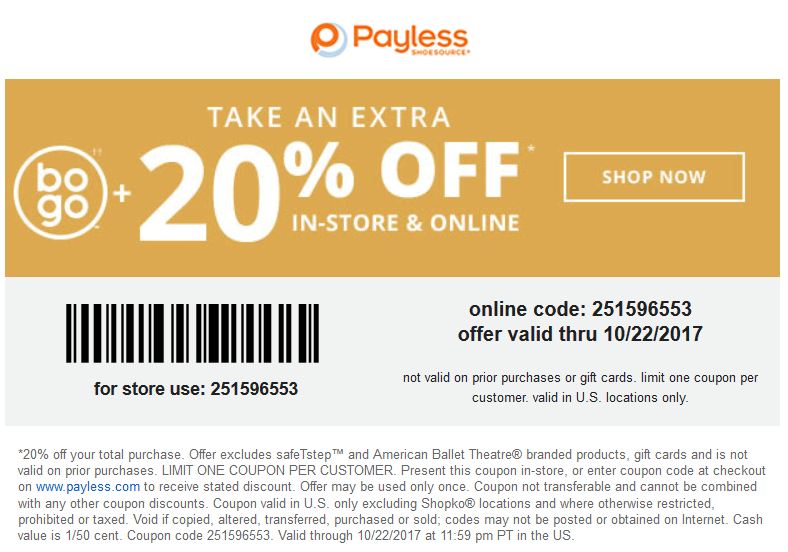 Payless Shoesource Coupon April 2024 20% off + second pair free at Payless Shoesource, or online via promo code 251596553