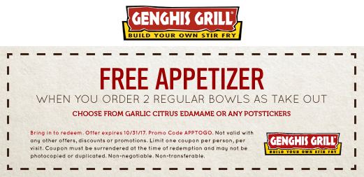 Genghis Grill Coupon April 2024 Free appetizer with your takeout bowls at Genghis Grill