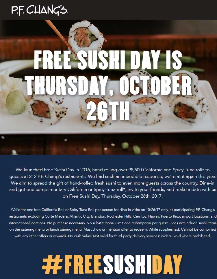 P.F. Changs Coupon April 2024 Free sushi Thursday at P.F. Changs restaurants