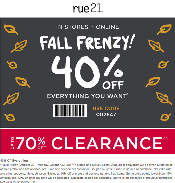 Rue21 Coupon April 2024 40% off everything at rue21, or online via promo code 002647