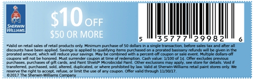 Sherwin Williams Coupon March 2024 $10 off $50 at Sherwin Williams paint