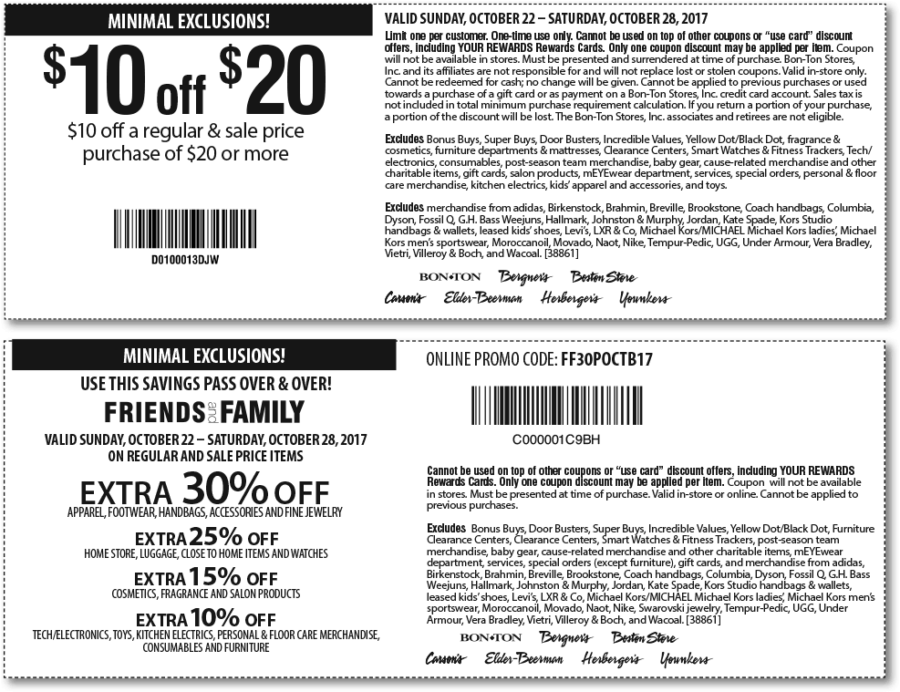 Carsons Coupon March 2024 $10 off $20 & more at Carsons, Bon Ton & sister stores, or 30% online via promo code FF30POCTB17