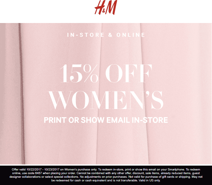 H&M Coupon April 2024 15% off womens today at H&M, ditto online