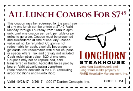 Longhorn Steakhouse Coupon April 2024 All lunch combo meals = $7.49 at Longhorn Steakhouse