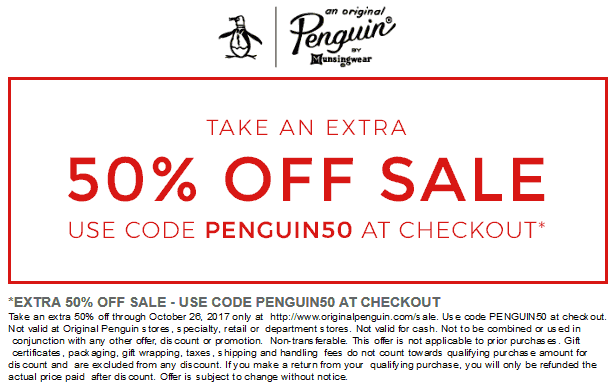 Original Penguin Coupon April 2024 Extra 50% off sale items online at Original Penguin via promo code PENGUIN50