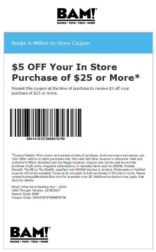 Books-A-Million Coupon April 2024 $5 off $25 at at Books-A-Million