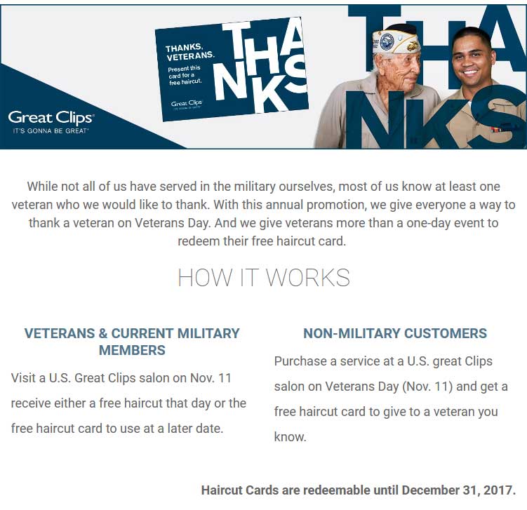 Great Clips Coupon April 2024 Veterans enjoy a free haircut the 11th at Great Clips