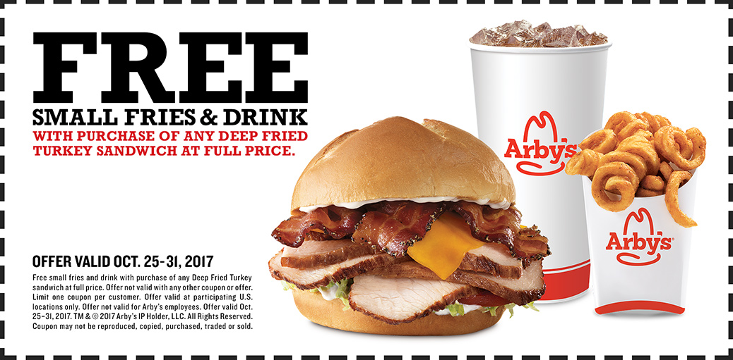Arbys Coupon April 2024 Free fries & drink with your turkey sandwich at Arbys