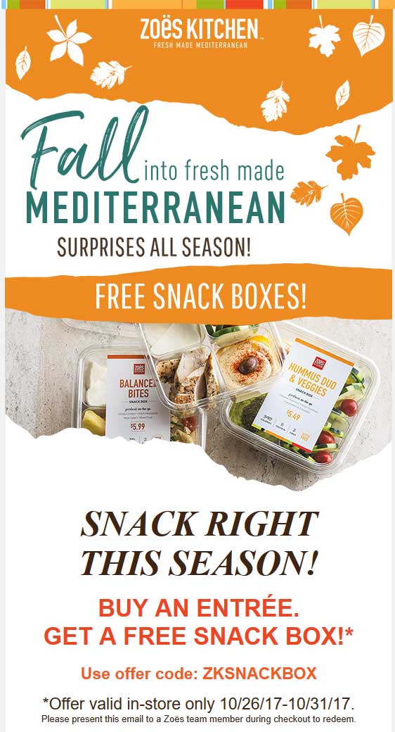 Zoes Kitchen Coupon April 2024 Free snack box with your entree at Zoes Kitchen