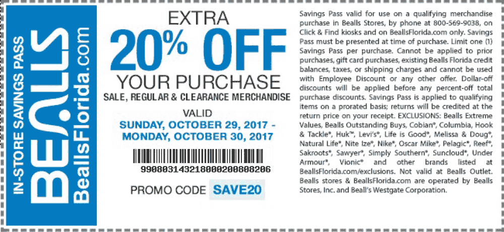 Bealls Coupon April 2024 Extra 20% off at Bealls, or online via promo code SAVE20
