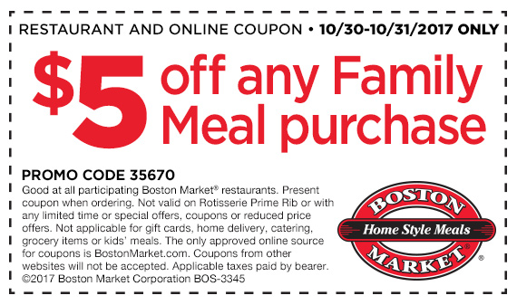 Boston Market Coupon March 2024 $5 of a family meal at Boston Market
