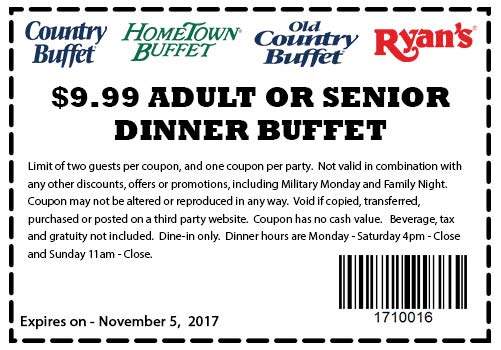 Ryans Coupon April 2024 $10 bottomless dinner at Ryans, HomeTown Buffet & Old Country Buffet