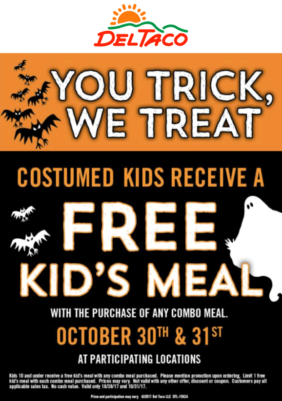 Del Taco Coupon March 2024 Free kids meal in costume today at Del Taco