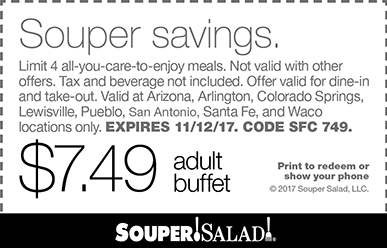 Souper Salad Coupon April 2024 $7.49 bottomless buffet at Souper Salad restaurants