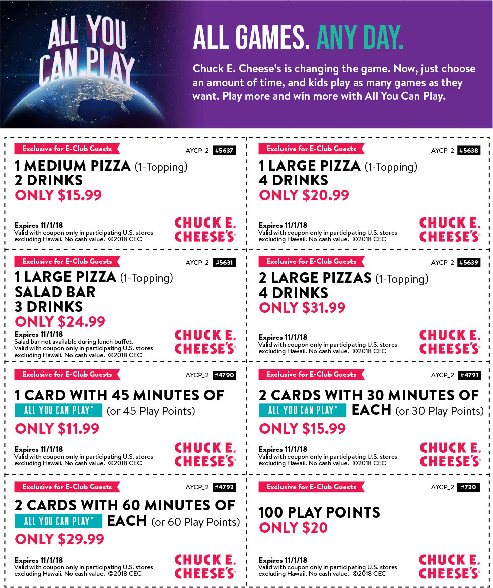Chuck E. Cheese Coupon April 2024 100 play points for $20 & more at Chuck E. Cheese pizza