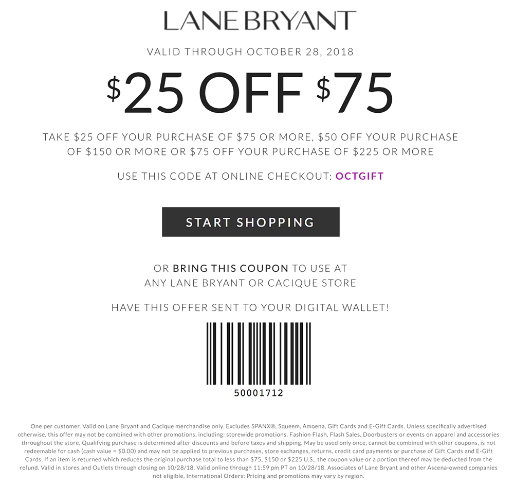 Lane Bryant Coupon March 2024 $25 off $75 at Lane Bryant, or online via promo code OCTGIFT