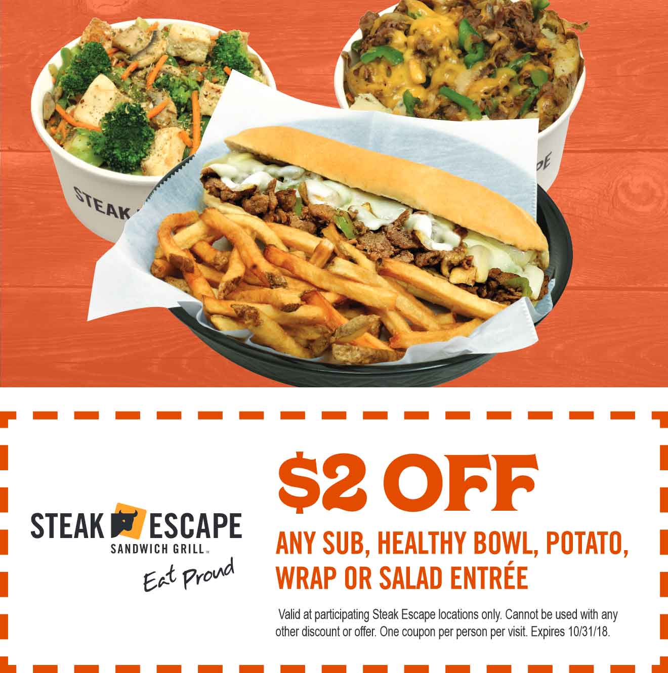 Steak Escape Coupon March 2024 $2 off subs, bowls, wraps & salads at Steak Escape restaurants