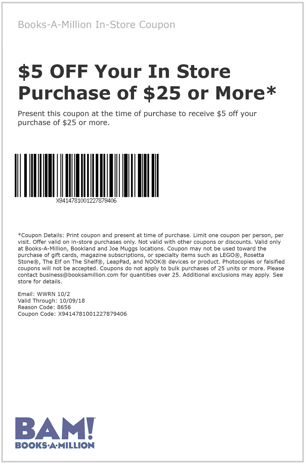 Books-A-Million Coupon April 2024 $5 off $25 at Books-A-Million, or $10 off $50 online via promo code 10OCT50