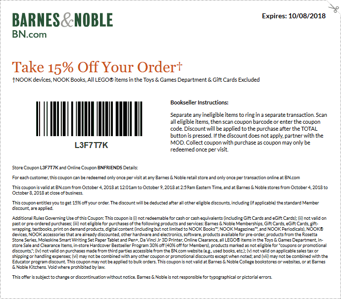 Barnes & Noble Coupon April 2024 15% off at Barnes & Noble, or online via promo code BNFRIENDS
