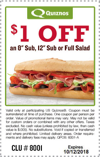 Quiznos Coupon April 2024 $1 off a sub sandwich at Quiznos