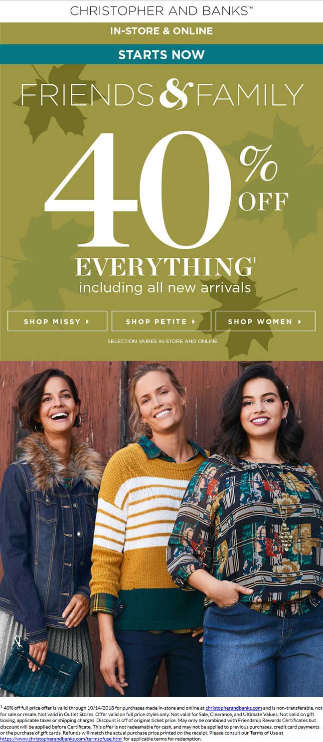 Christopher And Banks Coupon April 2024 40% off everything at Christopher and Banks, ditto online