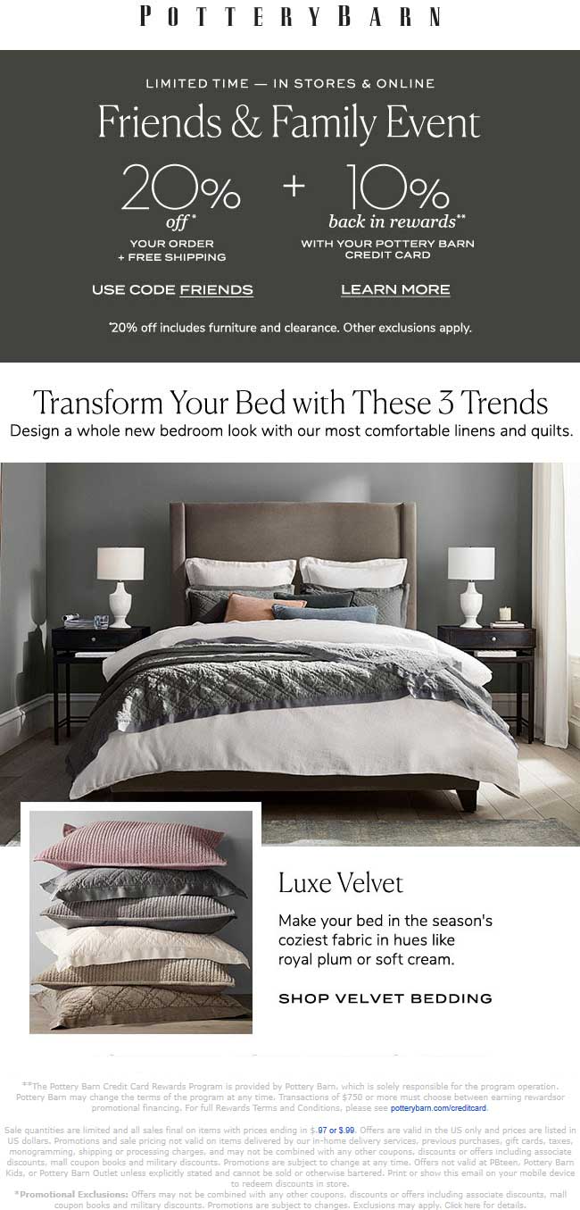 Pottery Barn Coupon April 2024 20% off at Pottery Barn, or online via promo code FRIENDS