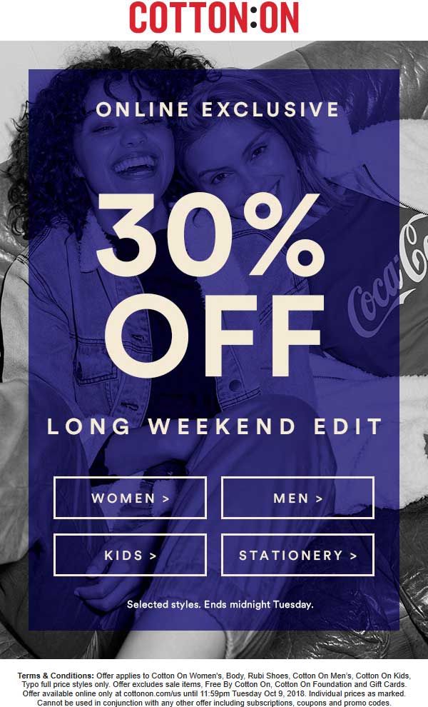 Cotton On Coupon April 2024 30% off online at Cotton On, no code needed