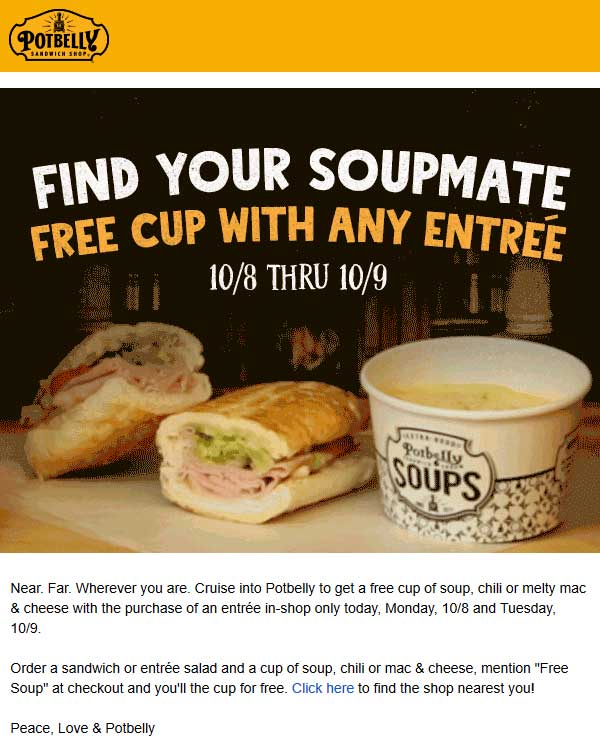 Potbelly Coupon April 2024 Free soup with your entree at Potbelly sandwich shop