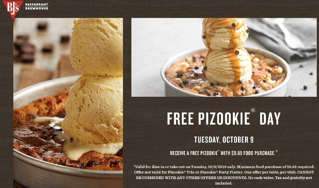 BJs Restaurant Coupon April 2024 Free pizookie today with $10 spent at BJs Restaurant brewhouse