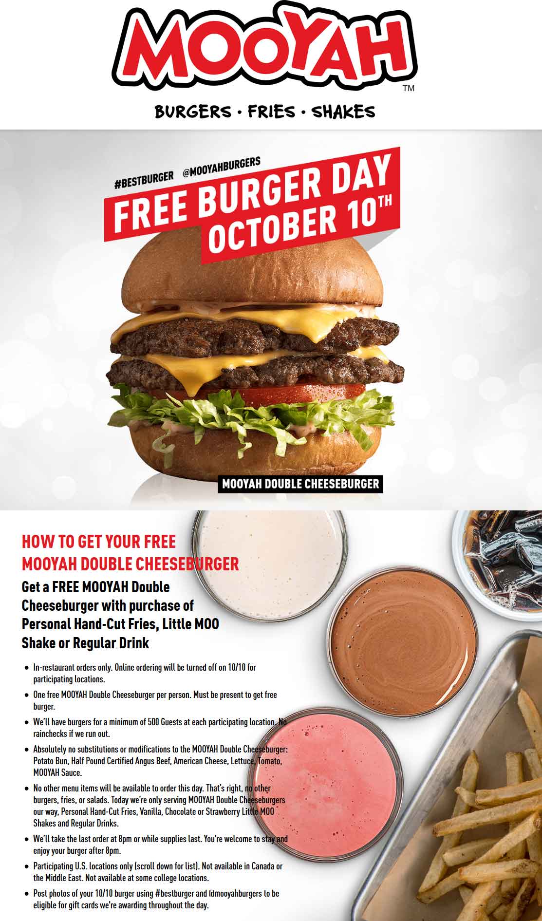 Mooyah Coupon March 2024 Free double cheeseburger with your fries & drink Wednesday at Mooyah restaurants