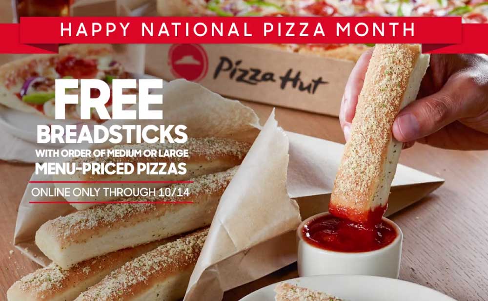 Pizza Hut Coupon April 2024 Free breadsticks with your pizza at Pizza Hut via promo code BREADSTICKS2018