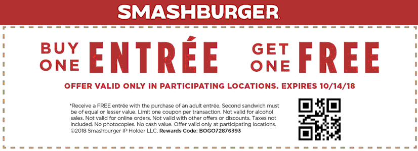 Smashburger Coupon April 2024 Second entree free at Smashburger