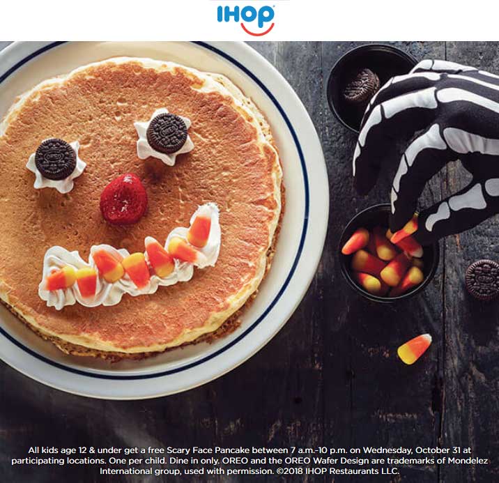 IHOP Coupon April 2024 Free scary face pancake for kids on Halloween at IHOP