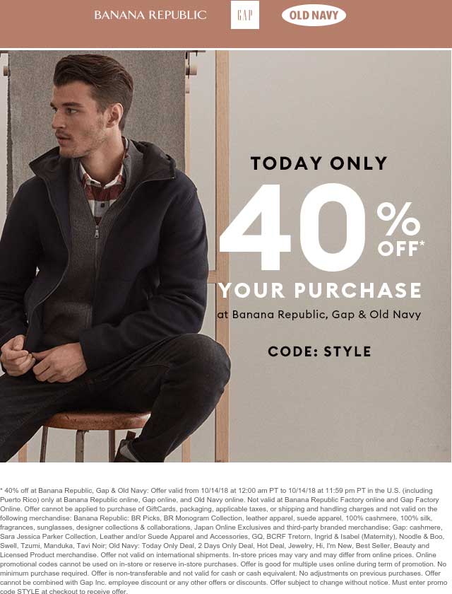 Old Navy Coupon April 2024 40% off online today at Old Navy, Gap & Banana Republic via promo code STYLE