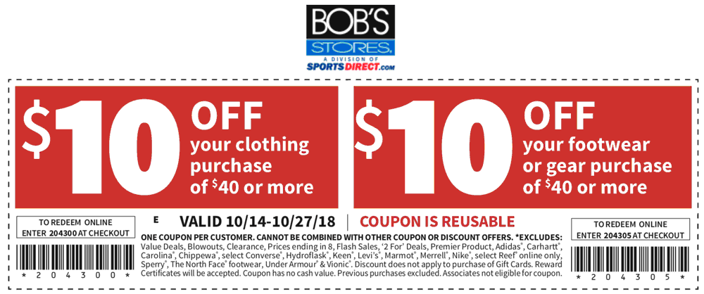 Bobs Stores Coupon March 2024 $10 off $40 at Bobs Stores, or online via promo code 204300