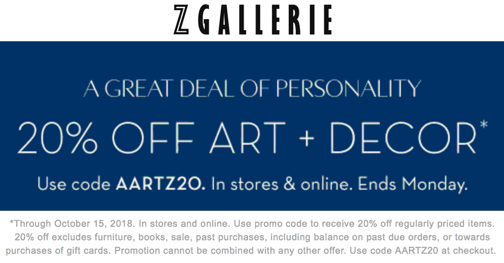 Z Gallerie Coupon April 2024 20% off art & decor today at Z Gallerie, or online via promo code AARTZ20
