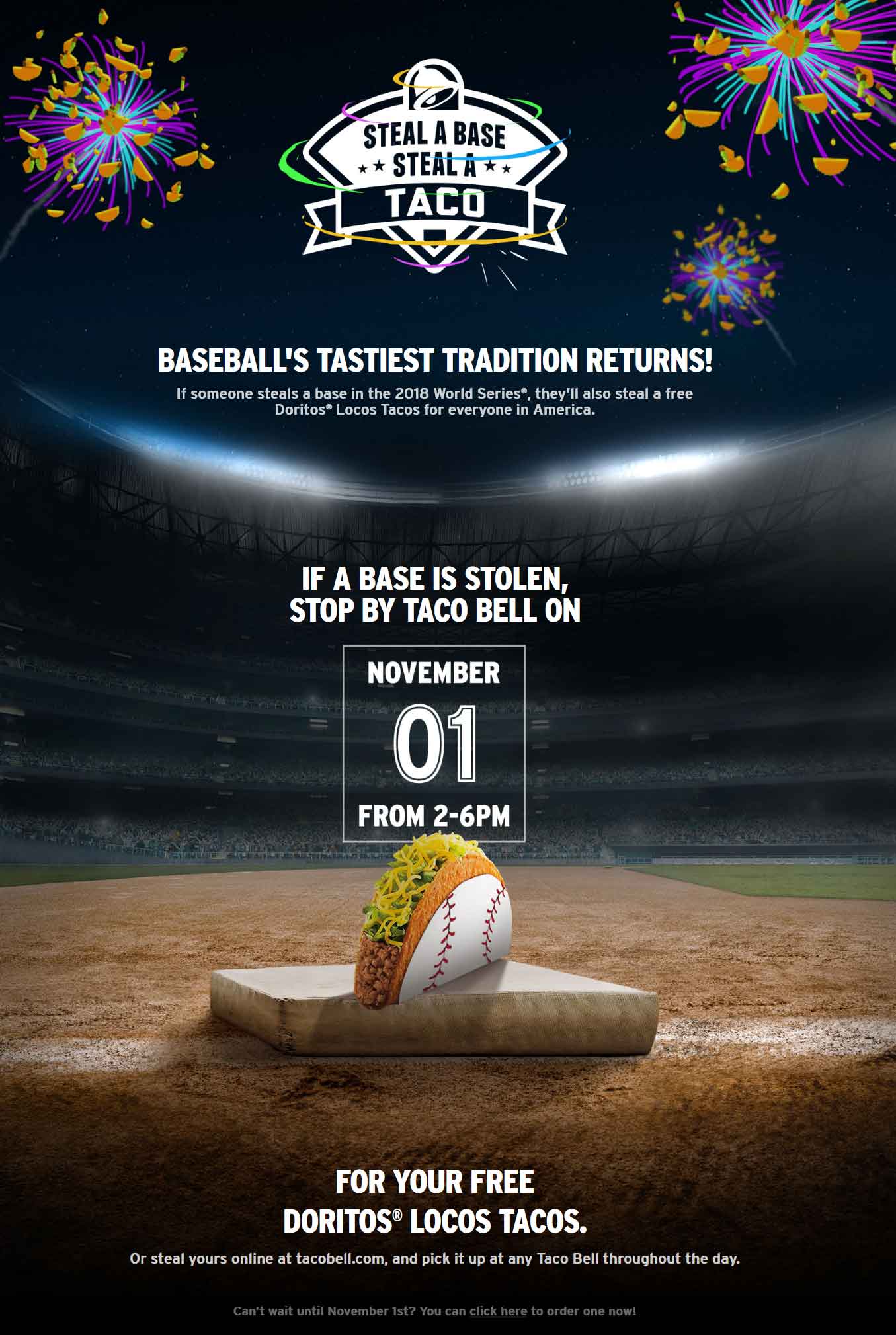 Taco Bell Coupon April 2024 Stolen world series base = free taco at Taco Bell