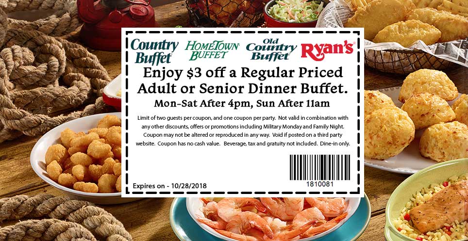 Old Country Buffet Coupon April 2024 $3 off dinner at Ryans, Hometown Buffet & Old Country Buffet