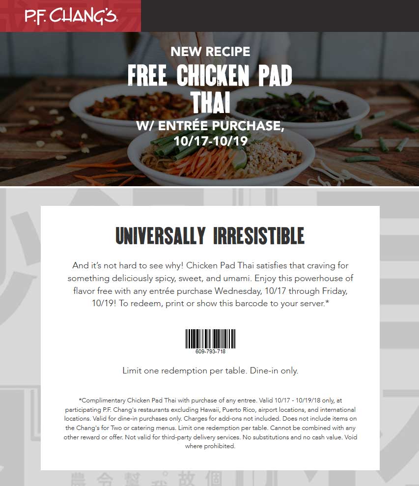 P.F. Changs Coupon April 2024 Free chicken pad thai with your entree at P.F. Changs