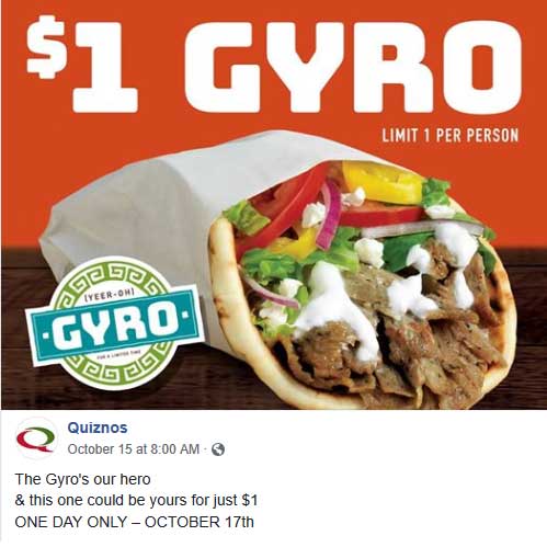Quiznos Coupon April 2024 $1 gyro today at Quiznos restaurants