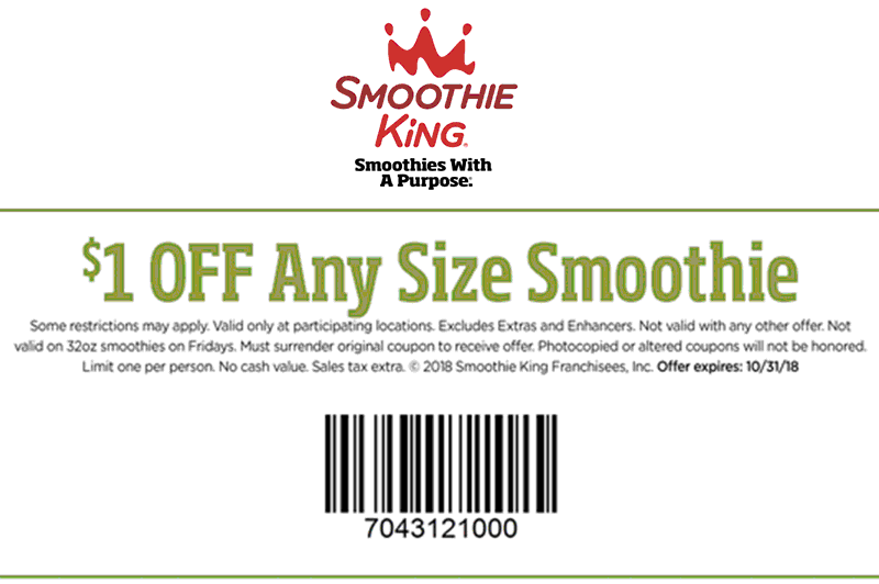 Smoothie King Coupon April 2024 $1 off any smoothie at Smoothie King