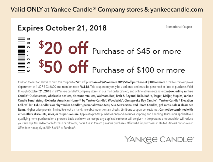 Yankee Candle Coupon March 2024 $20 off $45 & more at Yankee Candle, or online via promo code FALL18