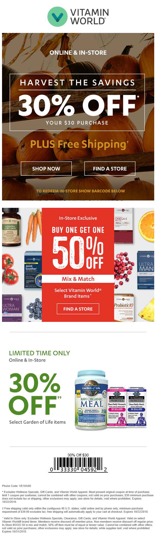 Vitamin World Coupon April 2024 30% off $30 at Vitamin World, or online via promo code VE10A08