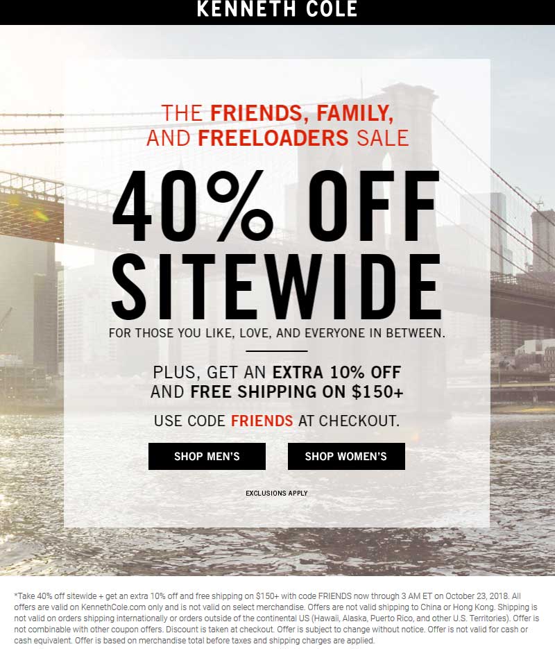 Kenneth Cole Coupon March 2024 40-50% off everything online at Kenneth Cole via promo code FRIENDS